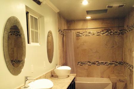 bathroom remodeling contractor tile shower new vanity jack and jill sinks in Parker Colorado