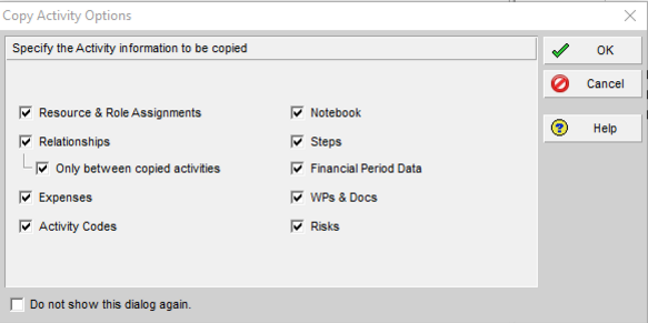 Copy Primavera P6 activity options