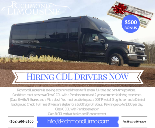 Richmond Limousine is Hiring CDL Drivers Now - $500 Bonus