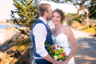 Wedding couple on Monterey Coastal trail with Monterey cypress trees in background wedding photography Monterey Bay California