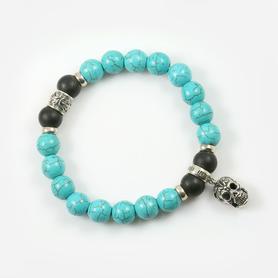 Iron Face Skull Sterling Silver 10mm Turquoise & Mate Black Onyx Beaded Bracele