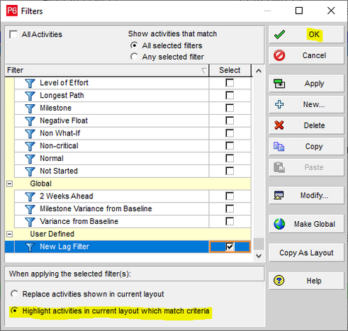 Use Primavera P6 filters and highlight activities in current layout which match criteria