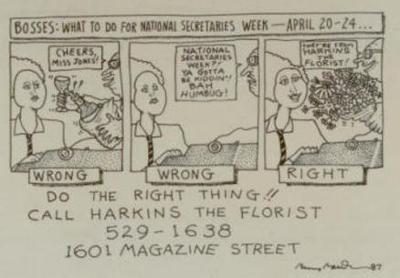 A hand-drawn cartoon of two wrong and one right option for Secretaries Week, with the right option as flowers from harkins