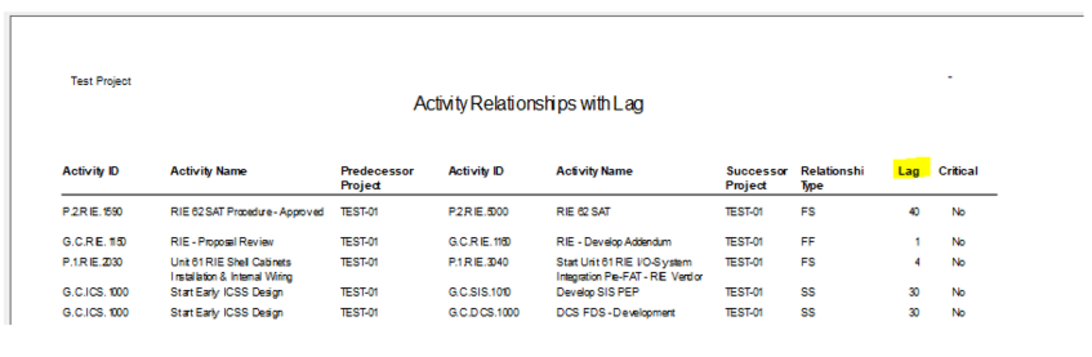 Primavera P6 report wizard printout