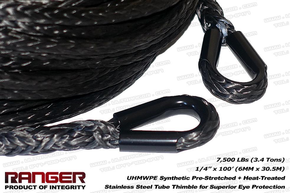Ranger 20,500 LBs 3/4 x 100 UHMWPE Synthetic Winch Rope Extension with Loop Ends and Protective Sleeve for Offroad Recovery 