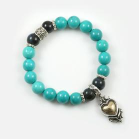 Gothic Heart Silver Charm with 10mm Turquoise & Blue Tiger Eye Beaded Bracelet