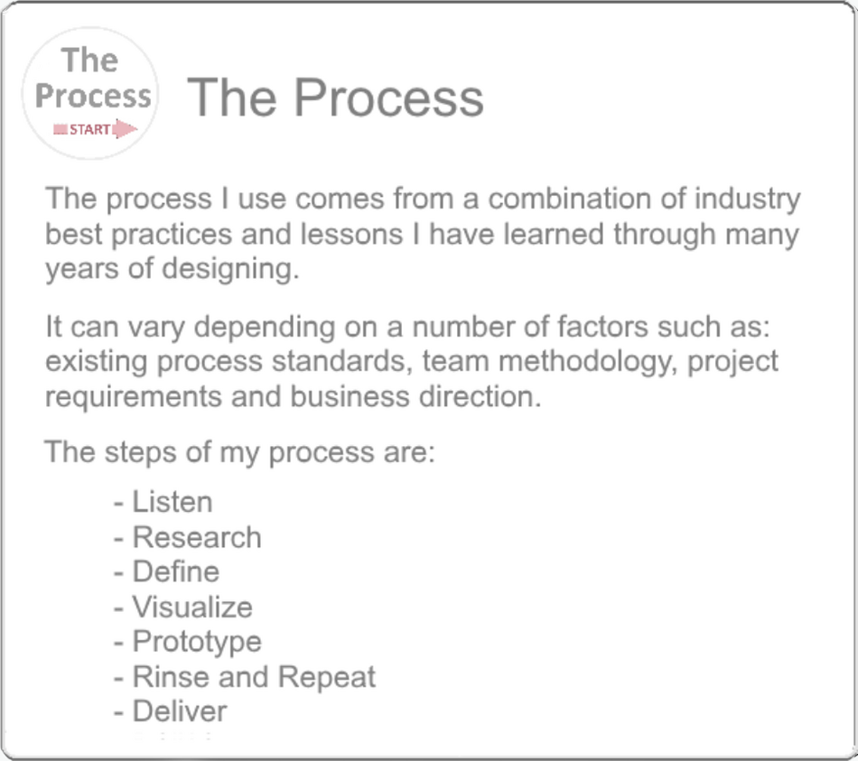 The Process - The process I use can be defined by the following steps: Listen, Research, Define, Visualize, Prototype, Rinse and Repeat, and Deliver