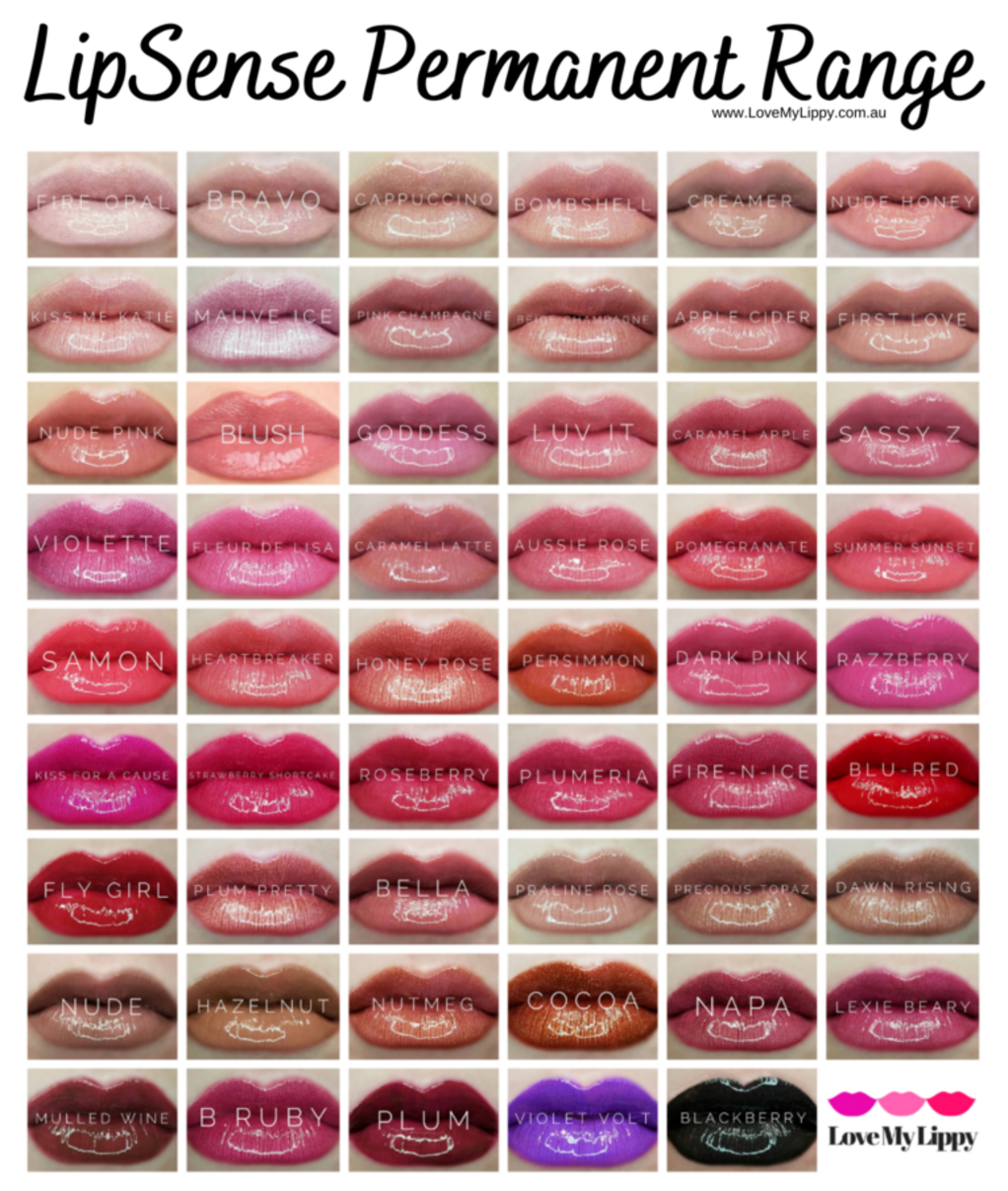 Text saying 'LipSense Permanent Range www.lovemylippy.com.au' at top in black, and below close up photos of permanent range of lip colours from browns, pinks, mauves, reds and purples with white text of lip color names on top of lip model.