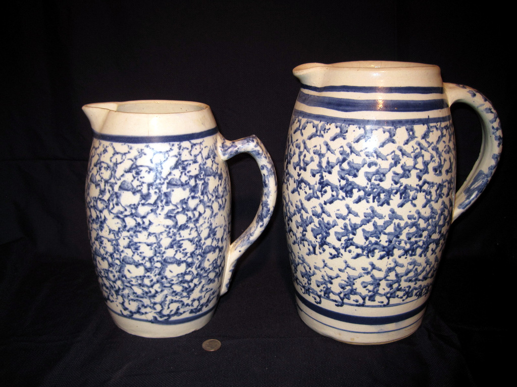 Blue and White Spongeware Stoneware Hot Water Pitcher with Stripes