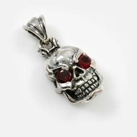 JUMBO RED EYED SKULL STERLING SILVER PENDANT w/ RED 2 x 6mm CUBIC ZIRCONIA