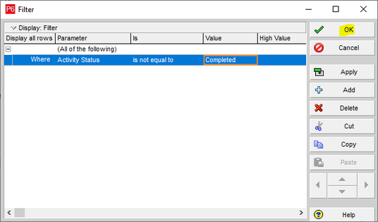 Open filter option box in Primavera P6