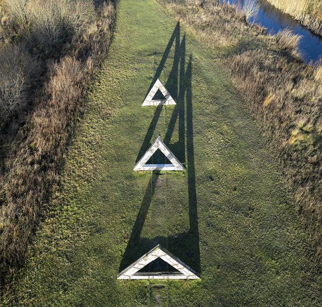 aeriel view of 60 Degrees sculpture at Lough Boora Parklands