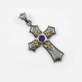 Pedro Cross Natural Amethist Two Tone Bronze & Sterling Silver Pendant