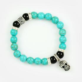 Iron Face Skull Sterling Silver 10mm Turquoise & Shiny Black Onyx Beaded Bracele