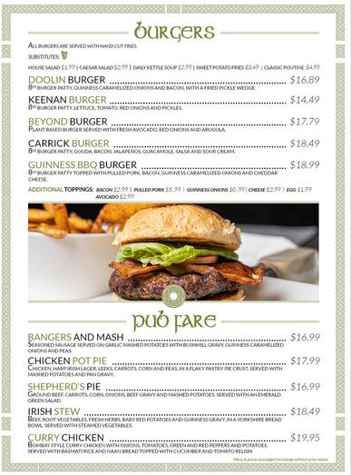 Keenan's Irish Pub Menu for Burgers and PubFare