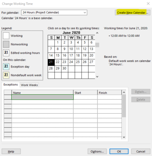 Create new MS Project calendar