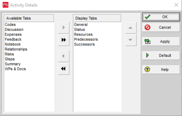 Select activity details dialog box in Primavera P6
