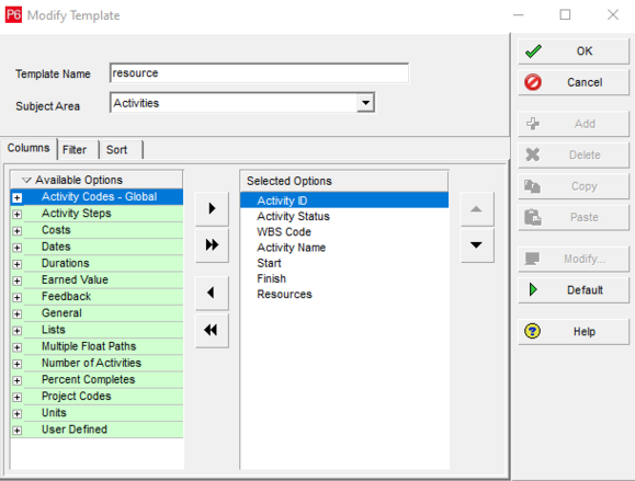 Modify template in Primavera P6