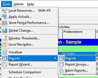 Go to reports under Tools tab in Primavera P6 menu