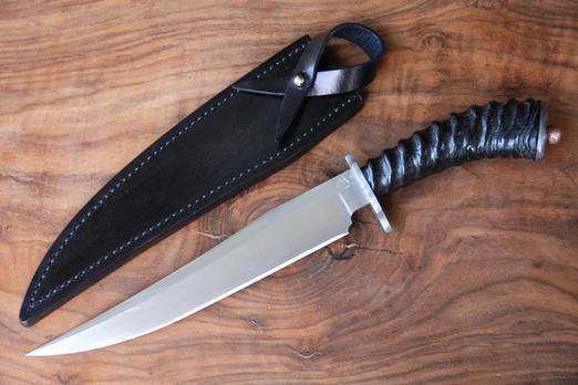 Hand-Forged Fighting Knife with Springbok handle, Damascus guard & buttcap & copper finial