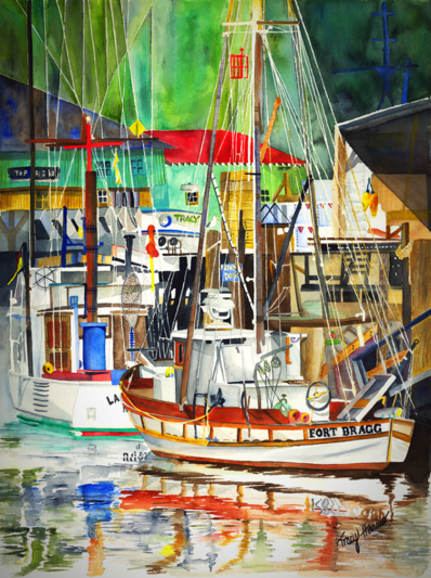 Sail Boats Watercolor Tracy Harris Artist, Fort Bragg Sail Boat, limited editions Tracy Harris, Original Artwork, Watercolors, Green