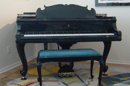 custom blue Steinway piano with matching piano bench