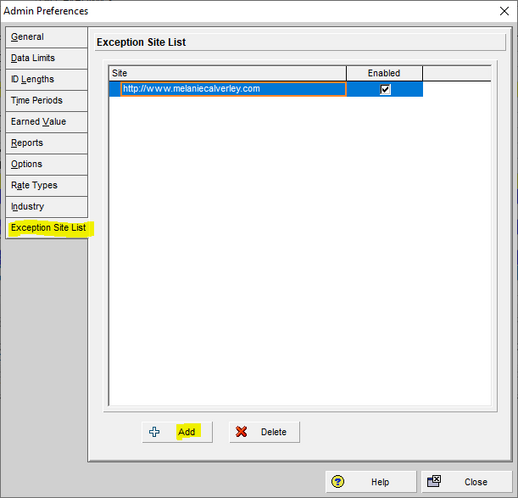 Primavera P6 version 20.12 administrator can add website to exceptions