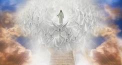 Image of heaven with Christ standing at top of staircase with Angels all around.