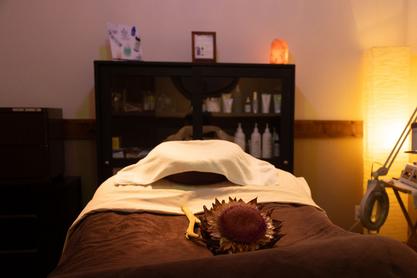 A room where a massage therapist is doing Massage and Facials. A Massage and Facial table with a steamer and a case of Lucrece Skin Care products
