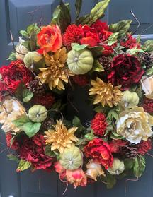 Stunning Fall Wreath Pumpkin Pine Cone Red Orange Yellow Cream Flower