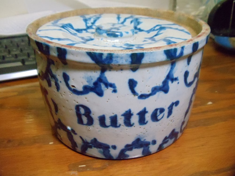 Late 19th Century Blue and White Spongeware Stoneware Hot Water