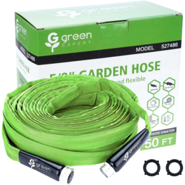 Green Flat Garden Hose 50 ft Flexible Lightweight with 3/4" GHT Metal Connectors