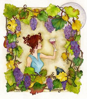 Charlene Jenner's watercolor painting of a pretty redhead woman holding up a glass of red wine surrounded by grape clusters and leaves