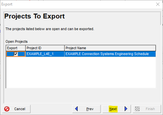 Select projects to export in Primavera P6 and then next