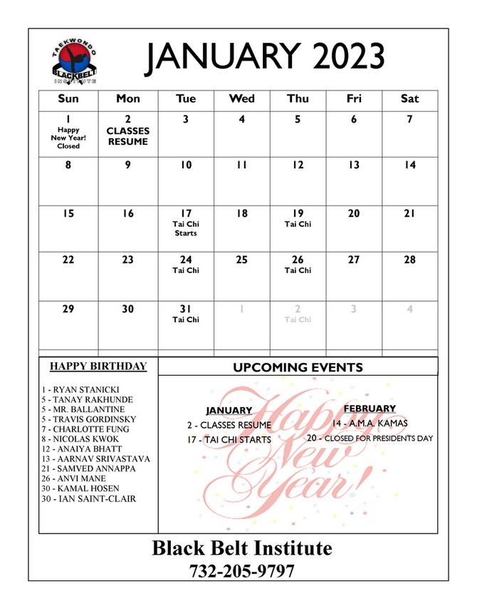 CALENDAR OF EVENTS AT BLACK BELT INSTITUTE