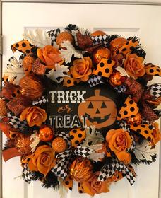 Halloween Pumpkin Ribbon Wreath Black Orange