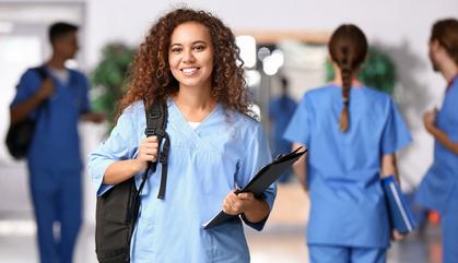 Allied health school student walking to class