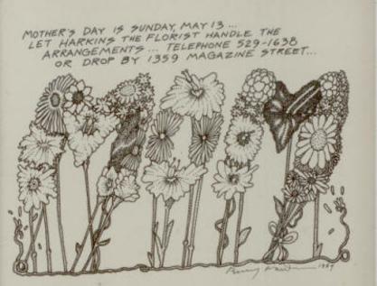 A hand-drawn cartoon of a floral arrangement shaped like the letters "MOM" reminding people of the holiday