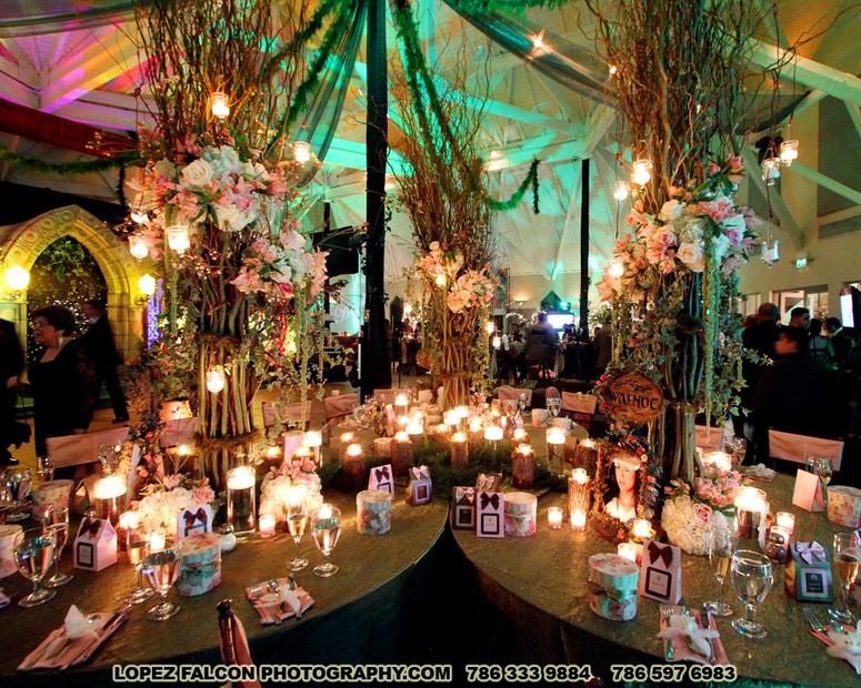 Enchanted forest quince party decoration stage centerpieces flowers miami photography video quinceanera