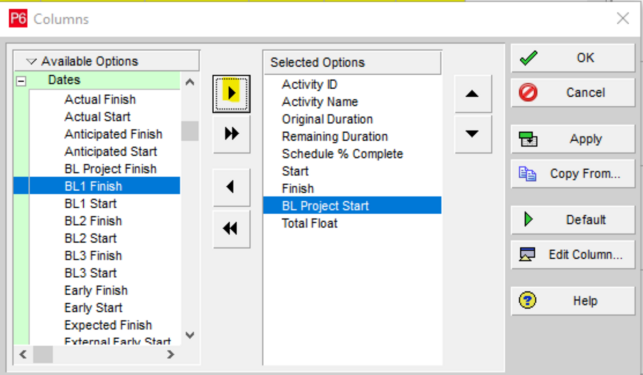 Select columns dialog box in Primavera P6 and use arrow
