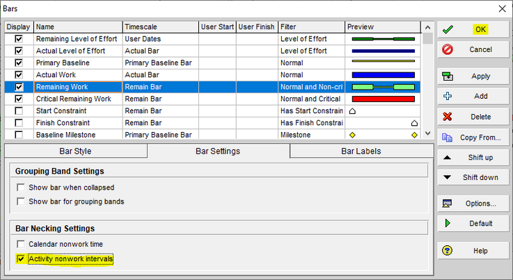 Primavera P6 bars menu offers options to activity nonwork intervals