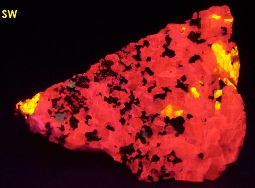 fluorescent WOLLASTONITE, BARYTE, CALCITE, WILLEMITE, DIOPSIDE, ANRDADITE, Franklin Mine, Franklin, Franklin Mining District, Sussex County, New Jersey, USA