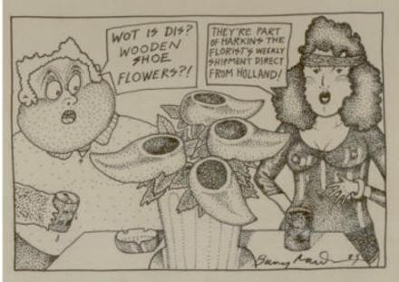 A hand-drawn cartoon of a man and a woman by an arrangement of clogs, discussing harkins' shipment from Holland