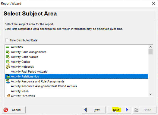 Use Report wizard select subject area in Primavera P6