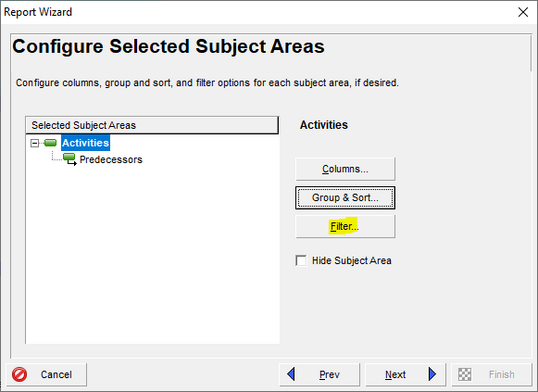 Choose filter for configure subject areas in Primavera P6 report wizard