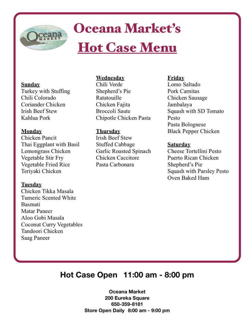 Hot Food Bar Menu