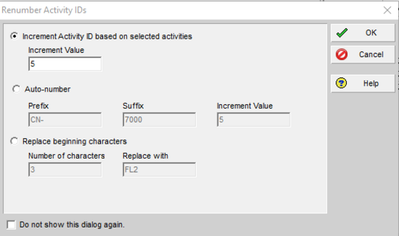 Select Primavera P6 renumber activity IDs