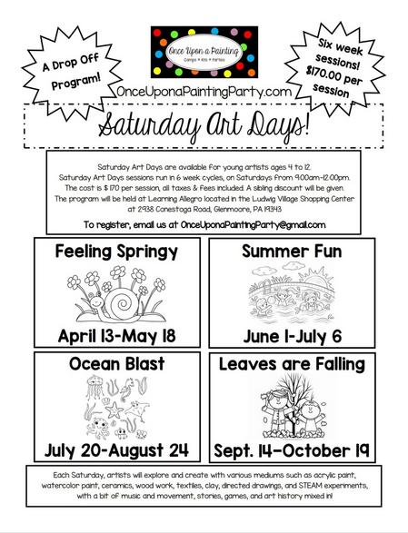 Art classes for kids, art classes for children flyer. Saturday art classes available at Learning Allegro in Chester County, Chester Springs, Downingtown, Glenmoore, Elverson, Pottstown, Kimberton, Phoenixville, Coatesville, West Chester