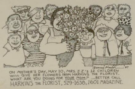 A hand-drawn comic of a mom holding flowers and surrounded by her 12 children who bought the arrangement