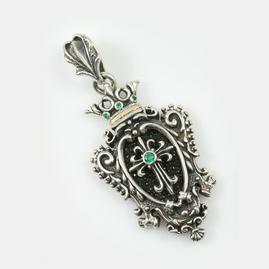 Gothic Cross & Crown Sterling Silver Pendant w/Green Zirconia and Stingray Skin
